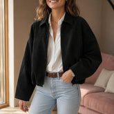 Jaqueta Bomber Feminina de Camurça com Zíper - Lapela, Manga Longa e Cortada para Streetwear de Inverno