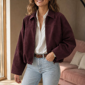 Jaqueta Bomber Feminina de Camurça com Zíper - Lapela, Manga Longa e Cortada para Streetwear de Inverno