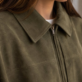 Jaqueta Bomber Feminina de Camurça com Zíper - Lapela, Manga Longa e Cortada para Streetwear de Inverno