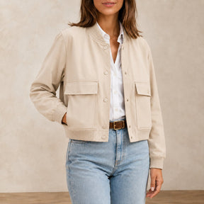 Jaqueta Bomber Feminina com Decote V e Bolsos - Manga Longa, Chique e Versátil para Inverno