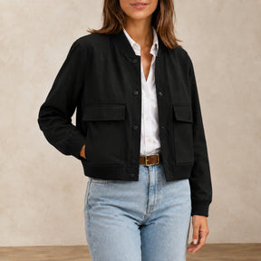 Jaqueta Bomber Feminina com Decote V e Bolsos - Manga Longa, Chique e Versátil para Inverno