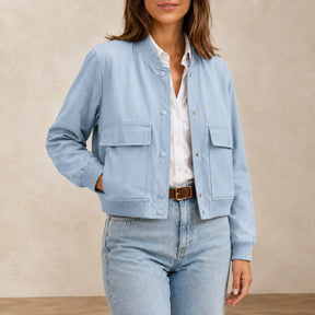 Jaqueta Bomber Feminina com Decote V e Bolsos - Manga Longa, Chique e Versátil para Inverno