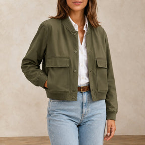 Jaqueta Bomber Feminina com Decote V e Bolsos - Manga Longa, Chique e Versátil para Inverno