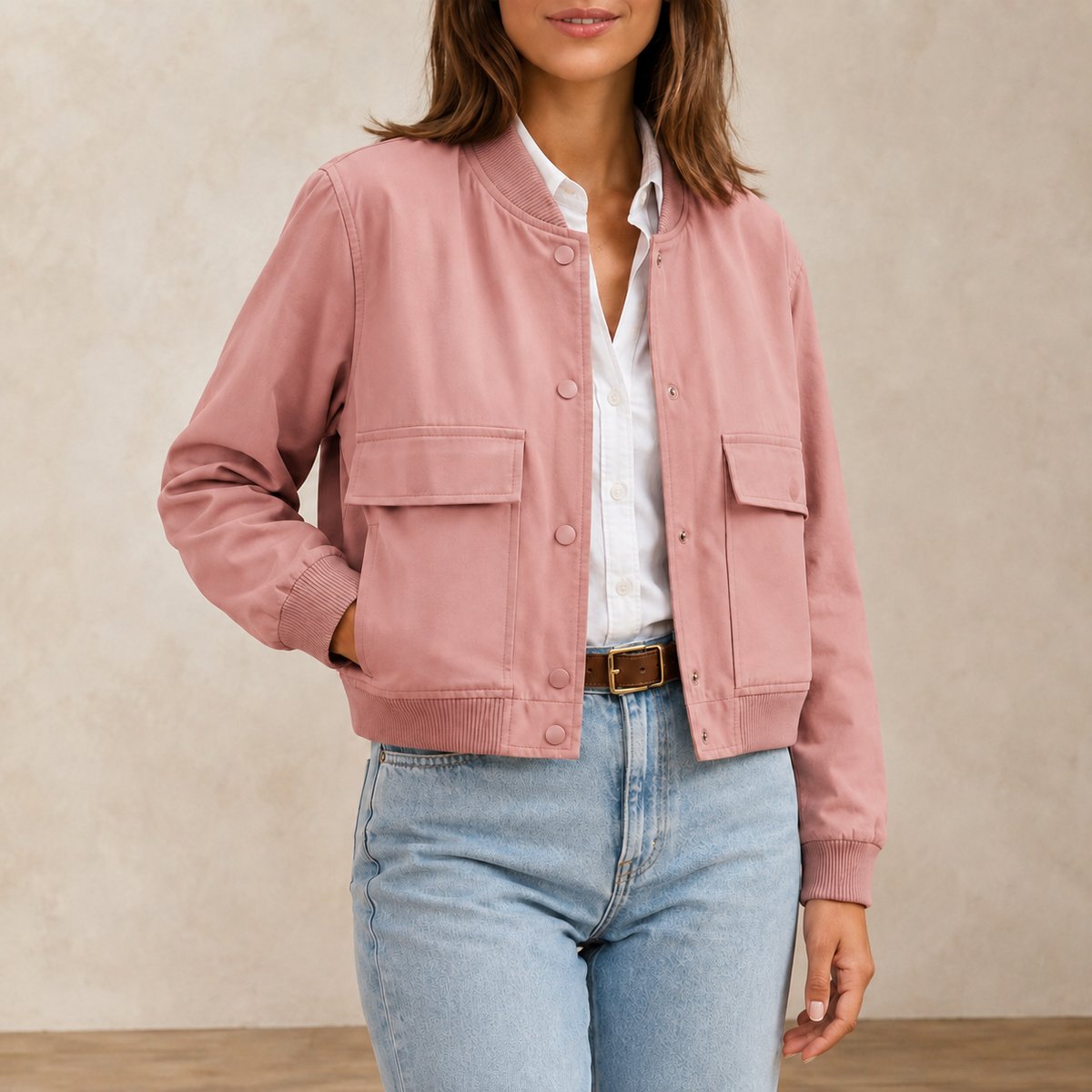 Jaqueta Bomber Feminina com Decote V e Bolsos - Manga Longa, Chique e Versátil para Inverno