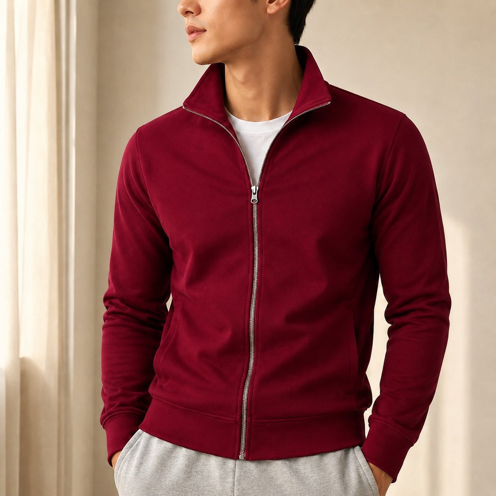 Jaqueta Esportiva Masculina Casual com Zíper e Gola Alta - Manga Longa Slim Cor Sólida para Inverno