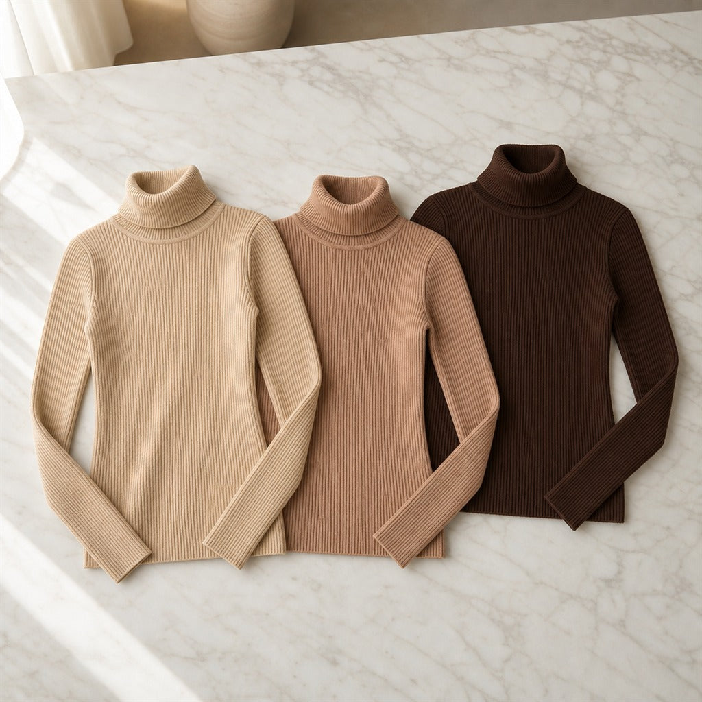 Kit 3 Blusas Tricot Feminina Gola Alta Canelada - Básica e Versátil para Inverno