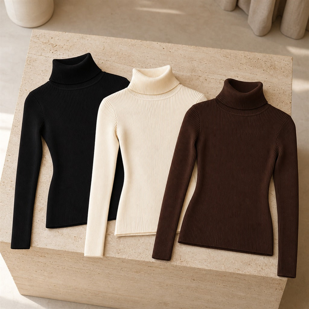 Kit 3 Blusas Tricot Feminina Gola Alta Canelada - Básica e Versátil para Inverno
