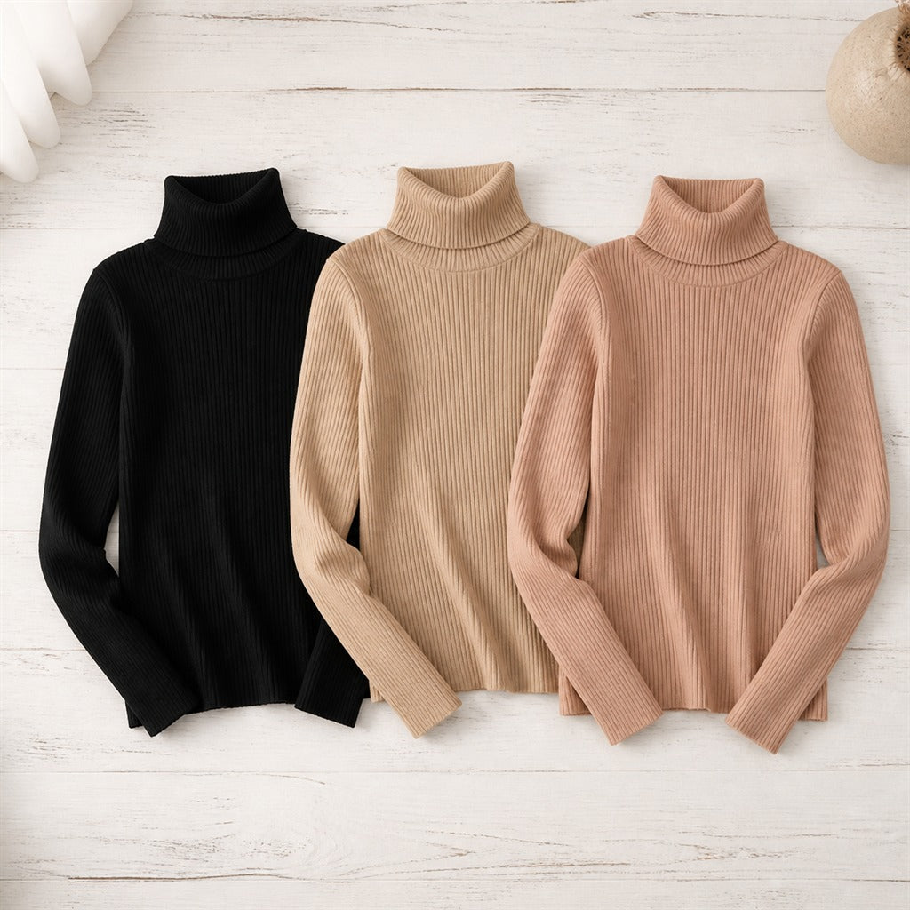 Kit 3 Blusas Tricot Feminina Gola Alta Canelada - Básica e Versátil para Inverno