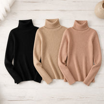 Kit 3 Blusas Tricot Feminina Gola Alta Canelada - Básica e Versátil para Inverno