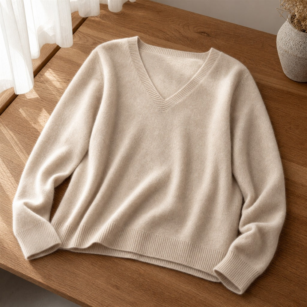 Pulôver Feminino Caxemira Decote V com Renda - Macio, Elegante e Quente para Inverno