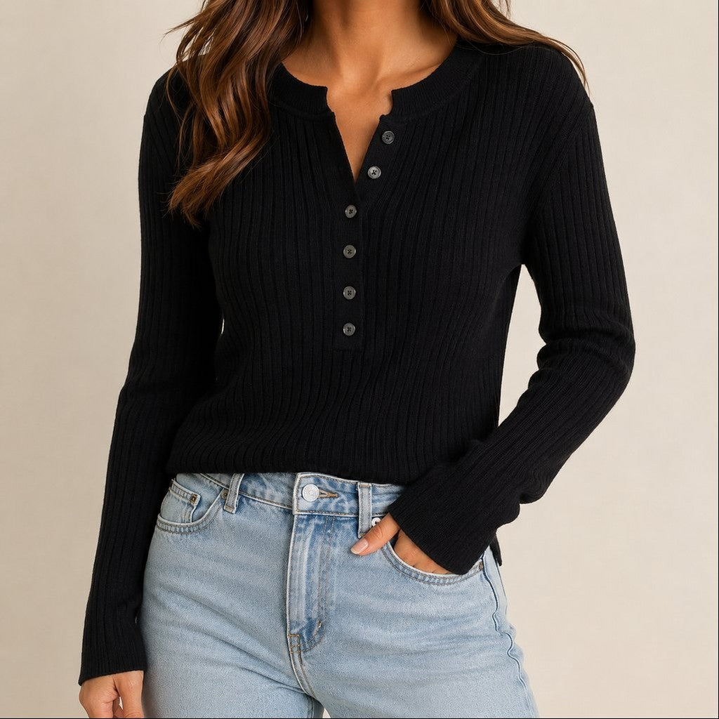 Pulôver Feminino Tricô com Botões Decote V - Cardigã Modelagem Solta Cor Sólida para Outono e Inverno
