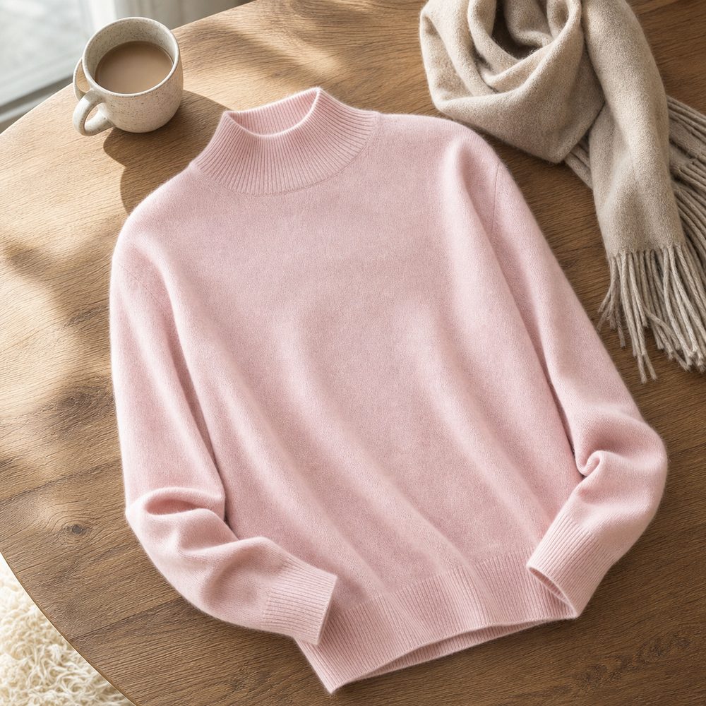 Suéter Feminino de Caxemira com Gola Semi Alta - Macio, Quente e Elegante para Inverno