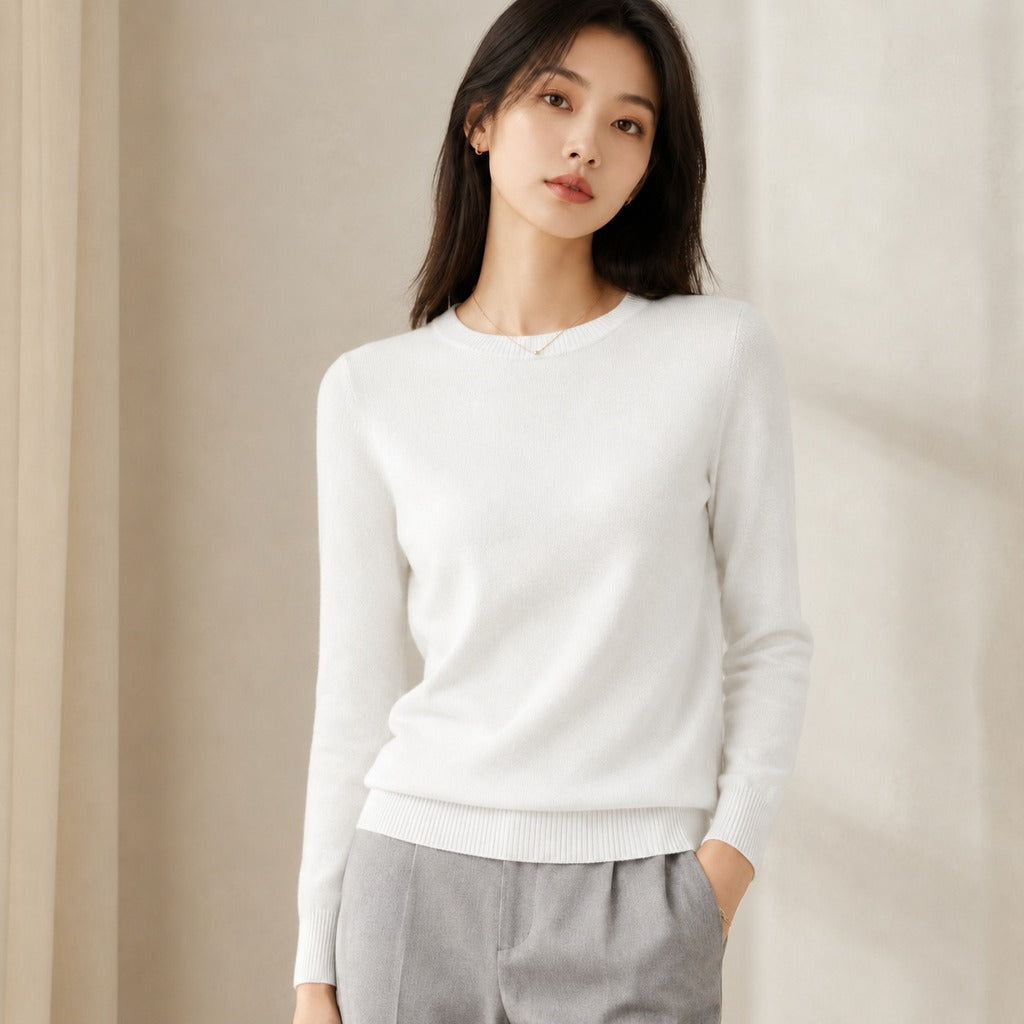 Suéter Feminino de Cashmere Slim Decote Redondo - Pulôver Térmico Manga Longa para Outono e Inverno