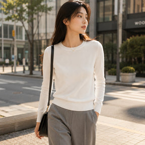 Suéter Feminino de Cashmere Slim Decote Redondo - Pulôver Térmico Manga Longa para Outono e Inverno