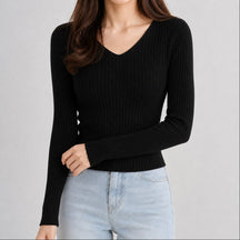 Suéter Feminino Tricô Decote V Slim - Pulôver Coreano Manga Longa para Outono e Inverno