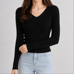 Suéter Feminino Tricô Decote V Slim - Pulôver Coreano Manga Longa para Outono e Inverno