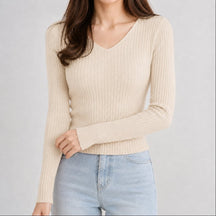 Suéter Feminino Tricô Decote V Slim - Pulôver Coreano Manga Longa para Outono e Inverno