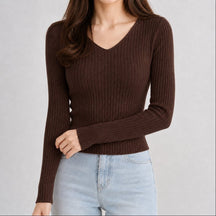 Suéter Feminino Tricô Decote V Slim - Pulôver Coreano Manga Longa para Outono e Inverno