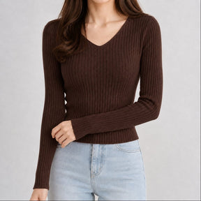 Suéter Feminino Tricô Decote V Slim - Pulôver Coreano Manga Longa para Outono e Inverno