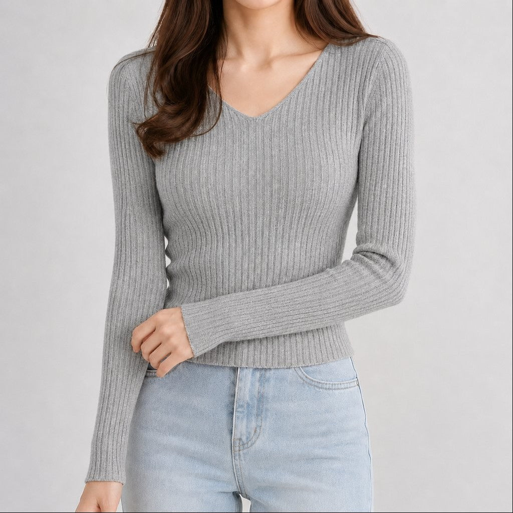 Suéter Feminino Tricô Decote V Slim - Pulôver Coreano Manga Longa para Outono e Inverno