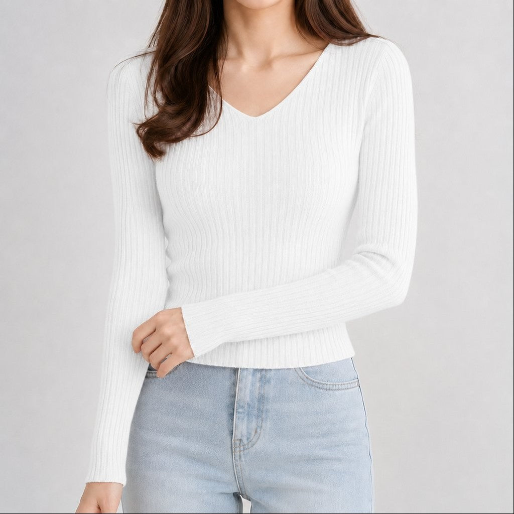 Suéter Feminino Tricô Decote V Slim - Pulôver Coreano Manga Longa para Outono e Inverno