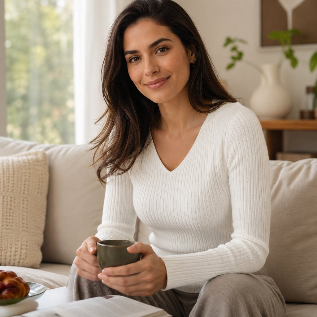 Suéter Feminino Tricô Decote V Slim - Pulôver Coreano Manga Longa para Outono e Inverno
