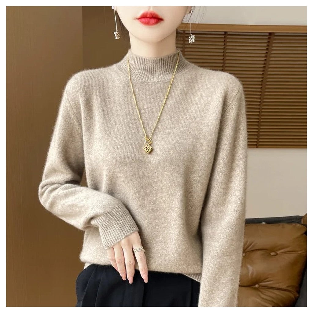 Suéter Feminino Tricô Solto Gola Meia Alta - Camisa Base Caimento Confortável para Outono e Inverno