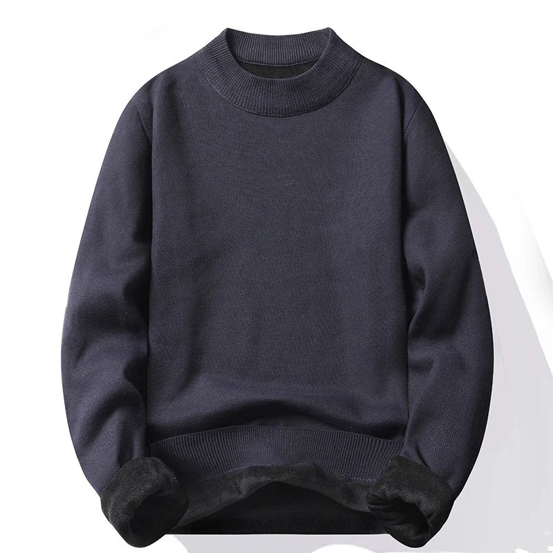 Suéter Masculino Gola Alta Mock Neck - Tricô Liso Casual Pulôver Manga Longa para Outono e Inverno