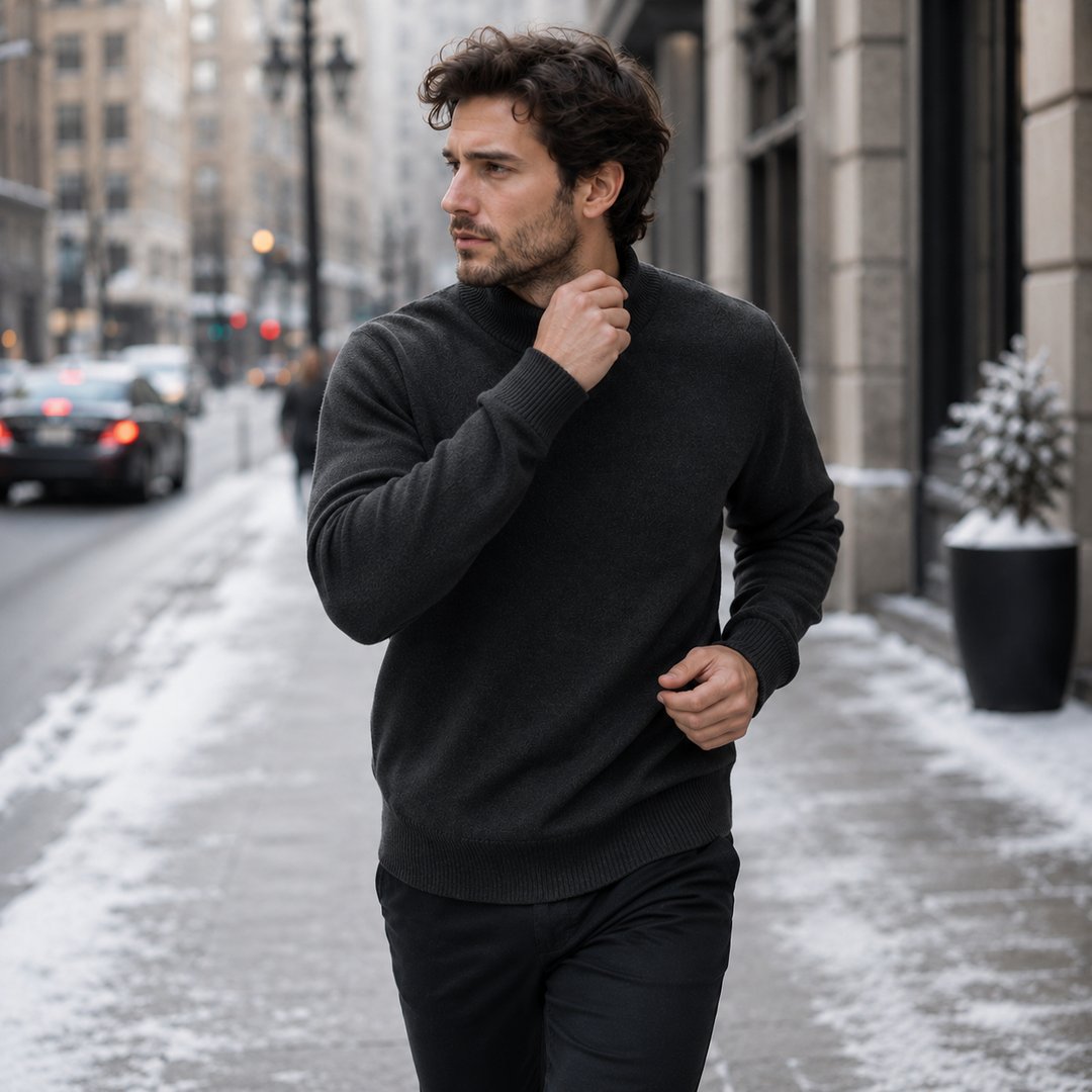 Suéter Masculino Gola Alta Mock Neck - Tricô Liso Casual Pulôver Manga Longa para Outono e Inverno