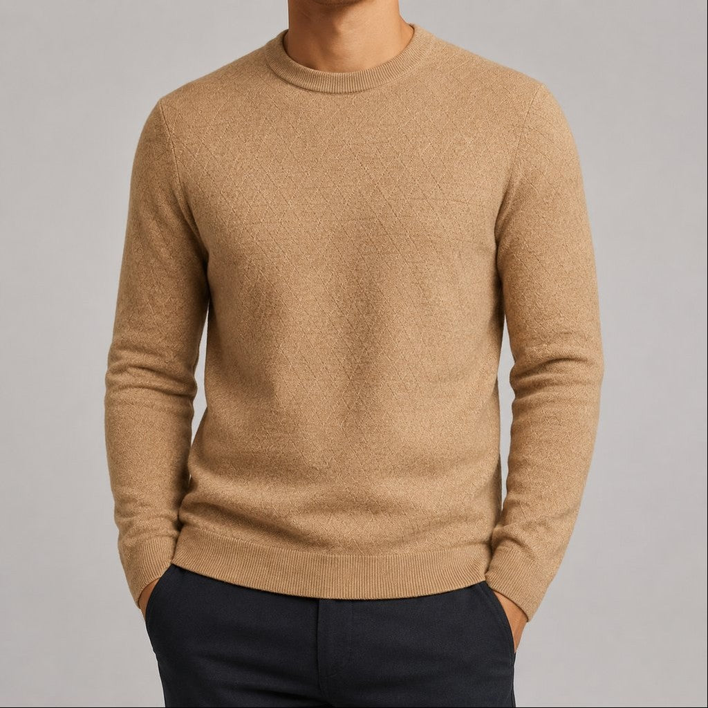 Suéter Masculino Tricô Padrão Diamante Decote Redondo - Casual Manga Longa Versátil para Inverno