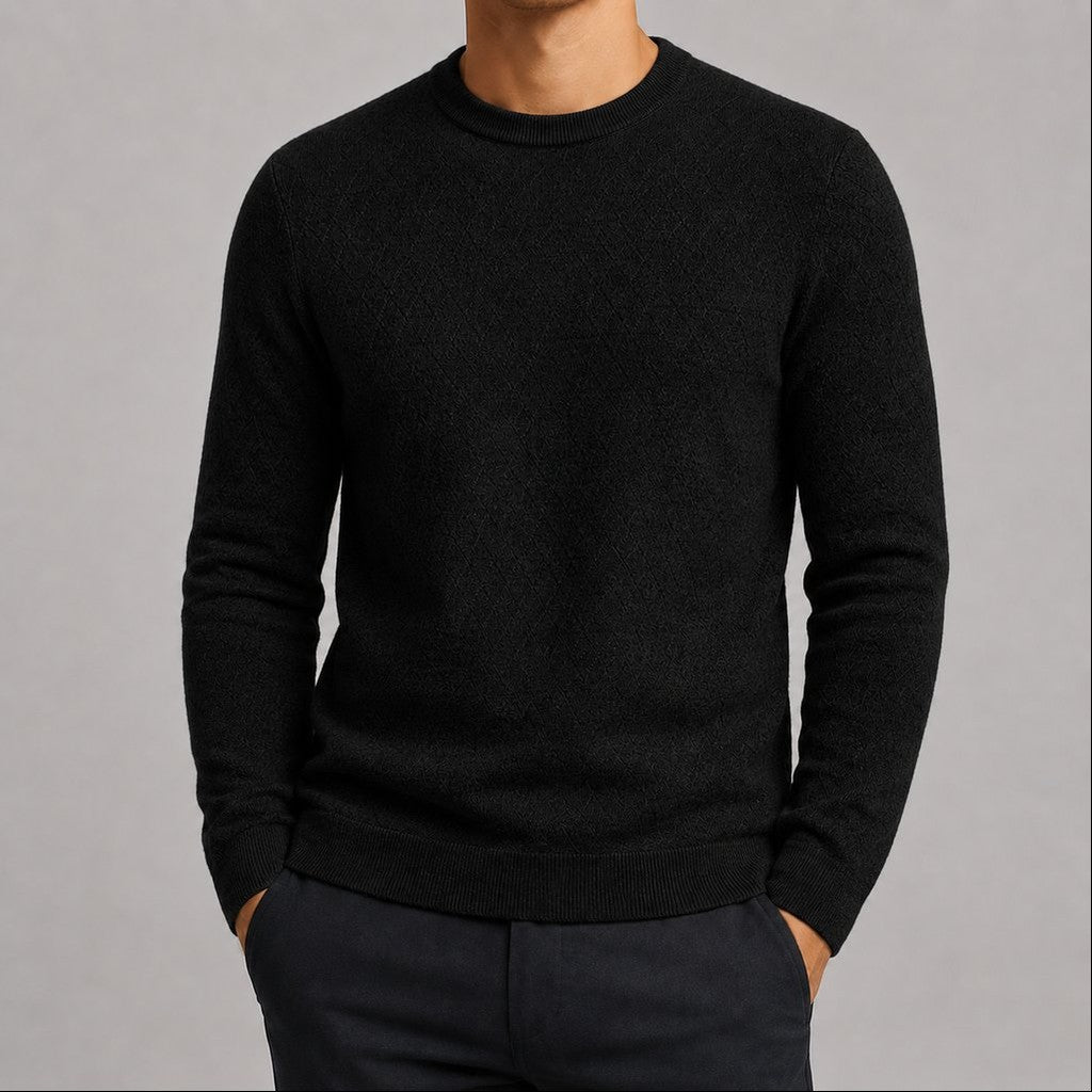 Suéter Masculino Tricô Padrão Diamante Decote Redondo - Casual Manga Longa Versátil para Inverno
