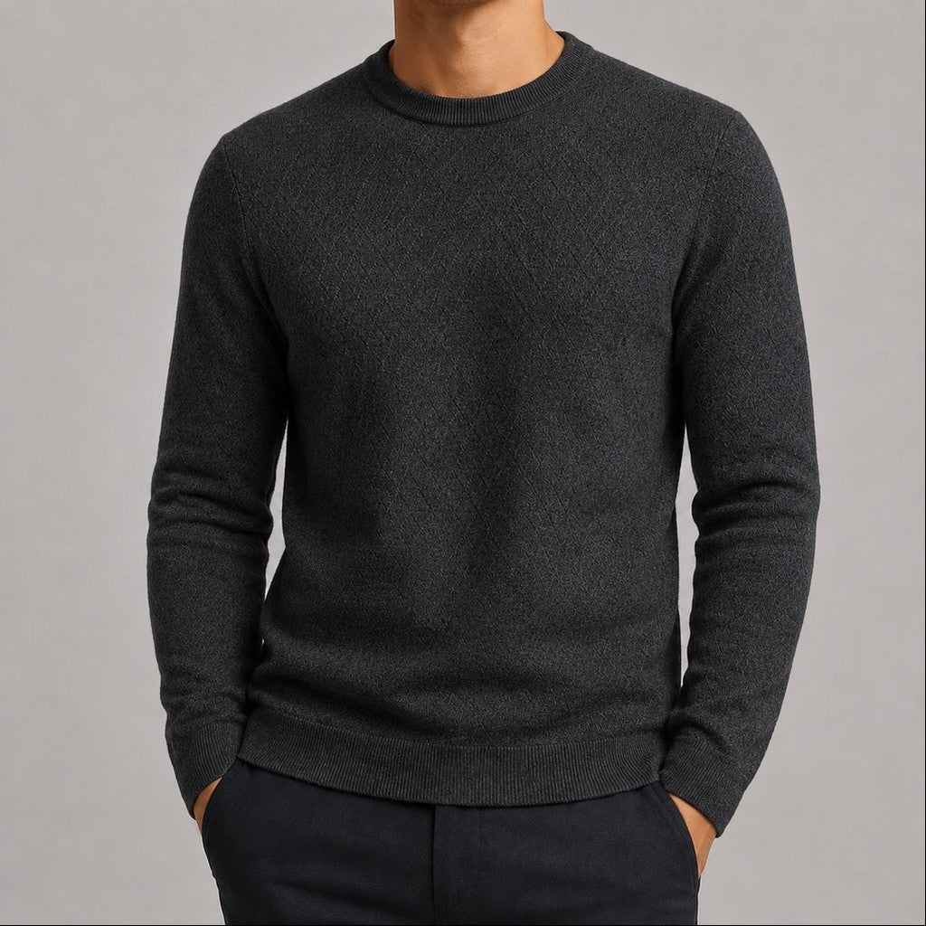 Suéter Masculino Tricô Padrão Diamante Decote Redondo - Casual Manga Longa Versátil para Inverno
