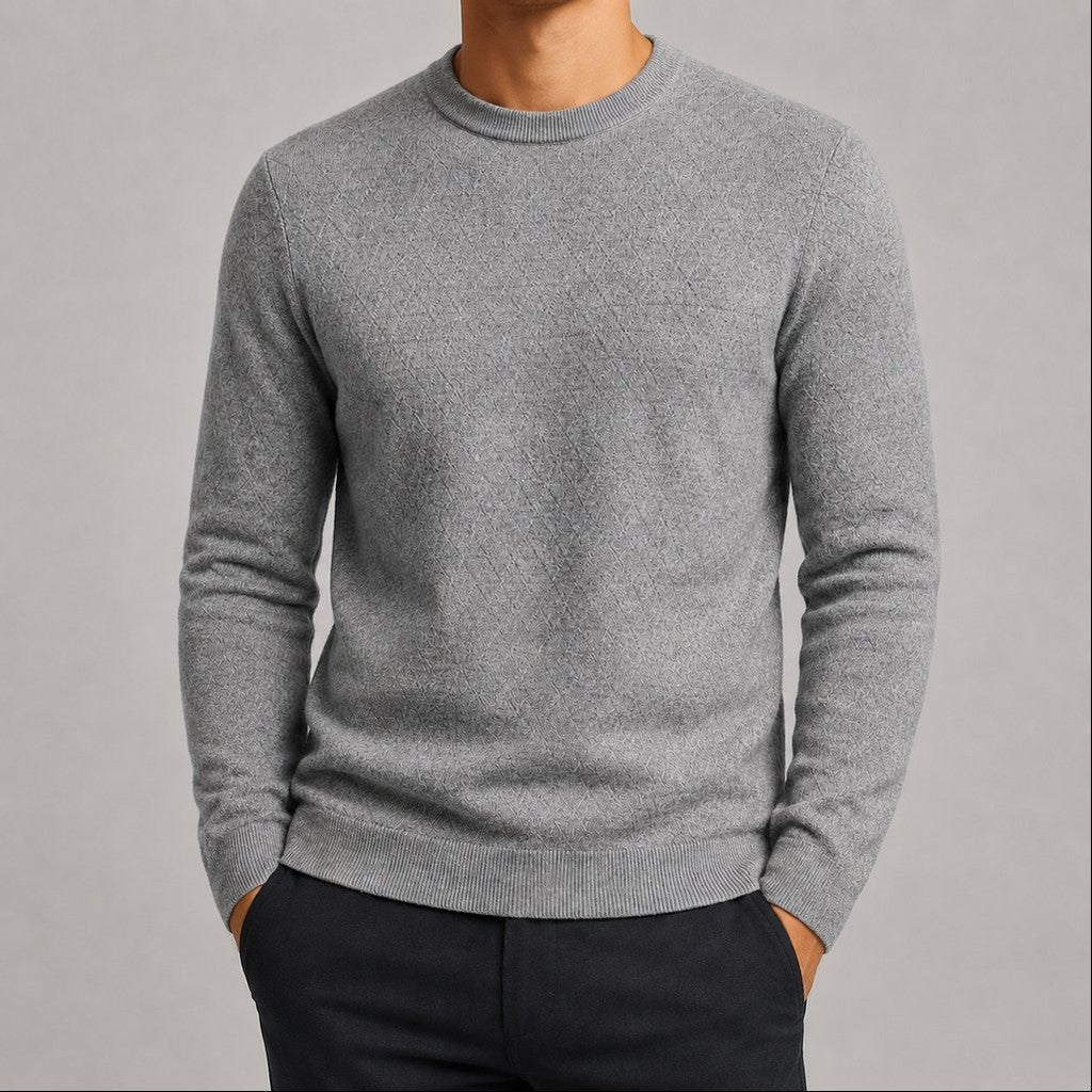 Suéter Masculino Tricô Padrão Diamante Decote Redondo - Casual Manga Longa Versátil para Inverno