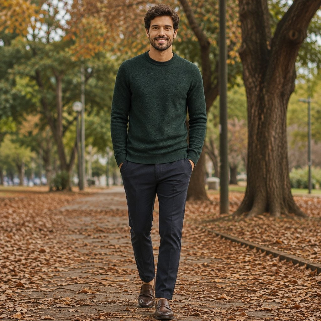 Suéter Masculino Tricô Padrão Diamante Decote Redondo - Casual Manga Longa Versátil para Inverno