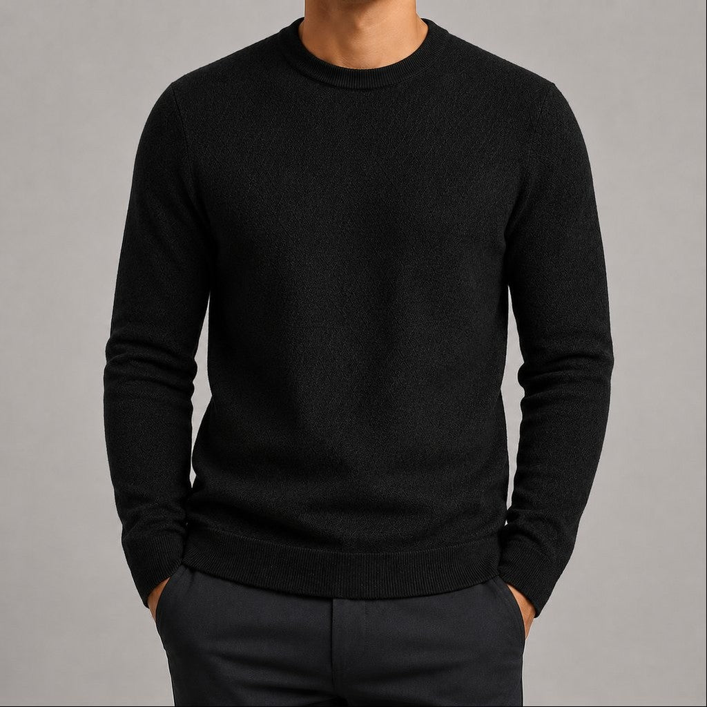Suéter Masculino Tricô Padrão Diamante Decote Redondo - Casual Manga Longa Versátil para Inverno